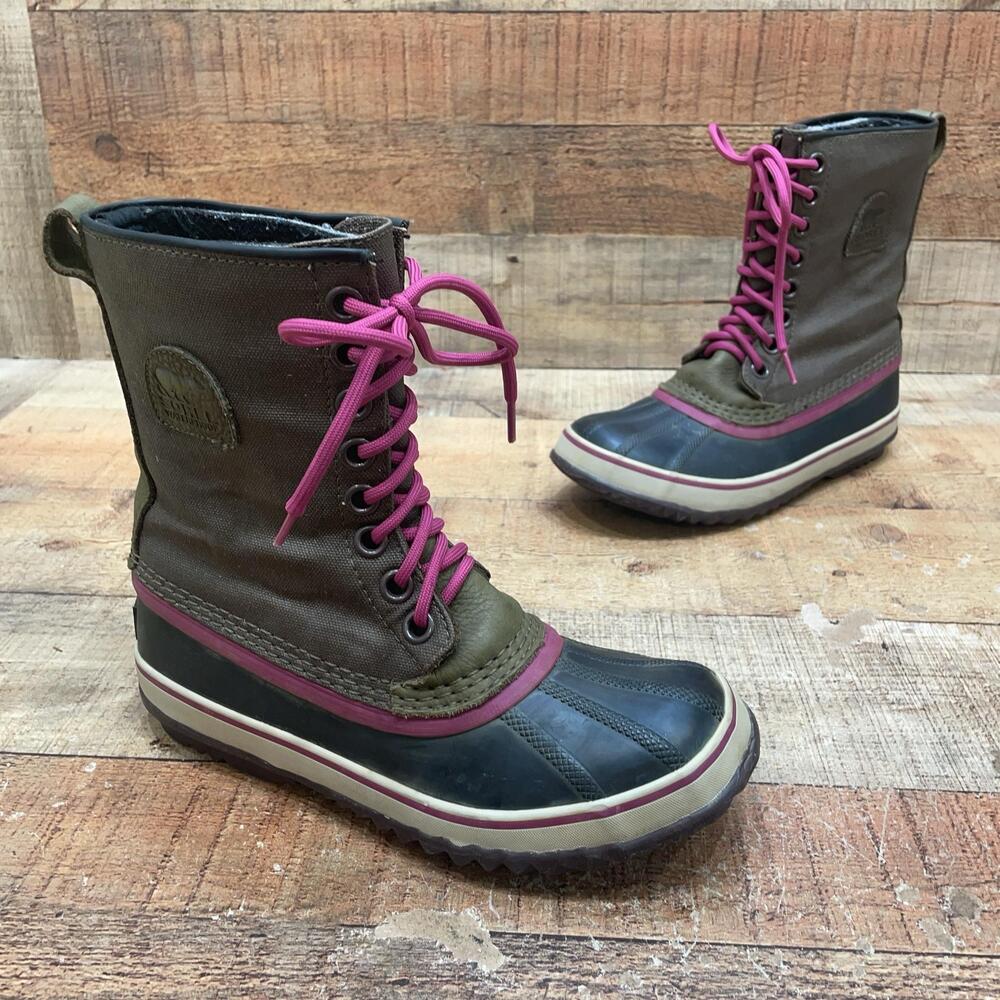 Sorel Snow Boots Womens Size 7 38 Brown Canvas Waterproof Mid Calf NL1717-213